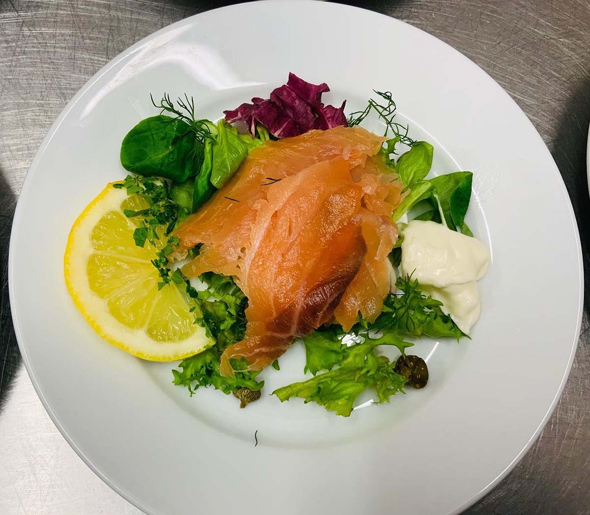 Salmon salad close up